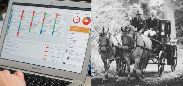 modern dashboard next to an old picture of a horse and cart
